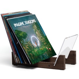 KAIU Vinyl Record Storage - Solid Wood with Crystal Clear Acrylic Holder - Premium Design, Perfect 12" LPs or 7" Singles Display Unit - Stores and Supports up to 50 Albums (Walnut)