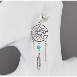 Clip on dream catcher earrings silver with turquoise bead metal feather pendants 3 5/8 inches long
