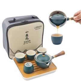 LURRIER Porcelain Chinese Gongfu Tea Set,Portable Teapot Set with 360 Rotation Tea maker and Infuser,Portable All in One Gift Bag for Travel,Home,Gifting,Outdoor and Office (Green)