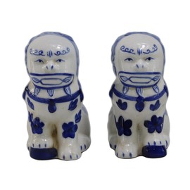 SYNWISH Hand Painted Blue and White Chinoiserie Mini Pair of Porcelain Lucky Foo Dog Figurines, Guardian Lion Statues, Home Décor Great Gifts -4" H