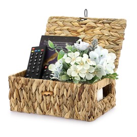 OGANAZI Natural Water Hyacinth Wicker Boxes, Woven Wicker Storage Baskets with Lids, Shelf Baskets Storage for Bathroom Bedroom Kitchen Office, 26 * 16 * 11cm (Small)