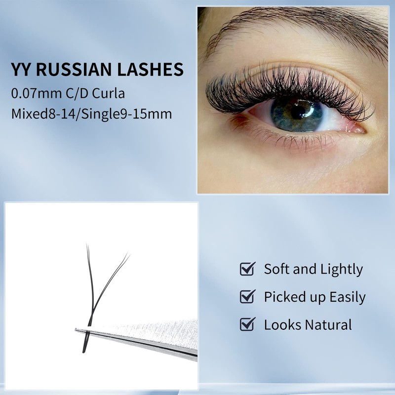 Y Eyelashes, 2D Eyelash Fans, 0.07 mm Thickness, D Curl,
