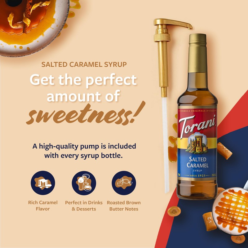 Torani Coffee Syrup, Salted Caramel Flavored Syrup for Drinks, Pump