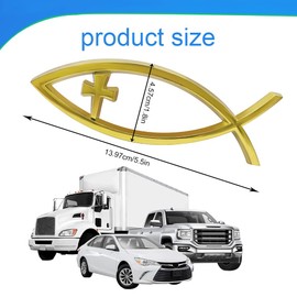 HQRNYP Christian Cross Fish Auto Emblem, Jesus Fish Car Emblem, Weatherproof Christian Symbol Ichthus Cross Decal, Chrome Sliver Badge Bumper Stickers Car Accessories Fit for Most Vehicles (Gold)