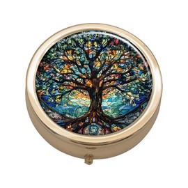 Pill Case Pill Box,3 Compartment Small Pill Organizer for Purse or Pocket Golden Small Roud Pill Container Pill Holder Travel Gifts Tree of Life