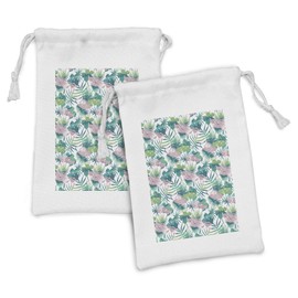 Lunarable Hawaiian Fabric Pouch Set of 2, Floral Pattern Image of Exotic Palm Tree Leaves in Vintage Style, Small Drawstring Bag for Toiletries Masks and Favors, 9" x 6", Ivory Teal and Pale Pink