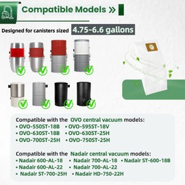 6 Pack HEPA Replacement Bags for OVO & Nadair Central Vacuum, 12.5L /3.2 Gallon Disposable Central Vacuum Bags for 4.75 to 6.6 Gal Canister Size - Triple Layer Filtration & Leak - Proof Design