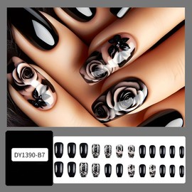 24Pcs Black Press Ons Nails Short Fake Nails Square Shaped Artificial Nails Designs Rose Full Cover Glue on Nails French False Nails Glossy Stick on Nails for Women Girls Acrylic Nails Decorations