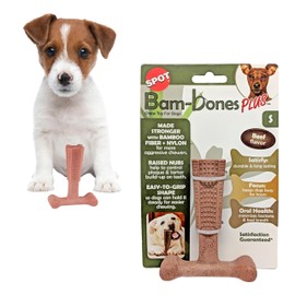 SPOT Bam-Bones Plus T Bone - Bamboo Fiber & Nylon, Durable Long Lasting Dog Chew for Aggressive Chewers – Great Toy for Adult Dogs & Teething Puppies Under 30lbs, Non-Splintering, 4in, Beef Flavor