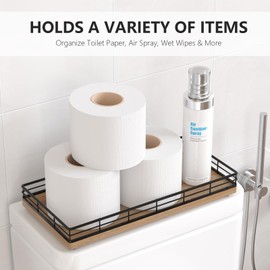 Toilet Paper Basket Organizer – Acacia Wood Toilet Tank Tray with Metal Frame, Back of Tank or Top Bathroom Counter Storage – Black & Acacia Modern Decor