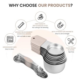 Magnetic Measuring Cups and Spoons Set-Heavy Duty 304 Stainless Steel，Double Measurement Markings，Set of 16 with Leveler for Measure Dry and Liquid Ingredients (khaki)