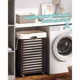 Laundry Hamper with Wheels, 22.7 Gallon (86L) Bamboo Wood Clothes Laundry Basket with Handles, Removable Liner