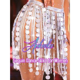 Aukmla Women Sparkly Sequin Belly Dance Skirt Fringe Festival Hip Scarf Dots Tassel Skirts (US, Alpha, One Size, Regular, Regular, Silver)