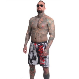 Yakuza Men's Horned FU Swim Shorts, White, L