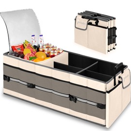 Trunk Organizer With Built-In Insulated Leak Proof Cooler Bag,Collapsible Cargo Organizer For Suv With Non Slip Bottom Strips,3 Large Compartments Foldable Waterproof Portable Car Storage Box 3