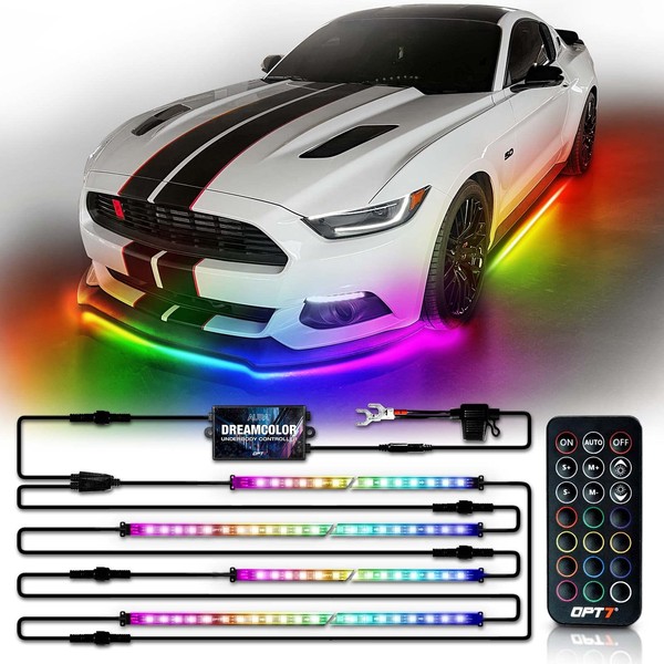 OPT7 Aura Dreamcolor Underglow Chasing Light Kit w/Wireless Remote, 4 pc Flexible Underbody RGB-IC LED Light Strips, Exterior Neon Accent Underbody Lights for Car Truck RV, Multi Colors Mode, 12V