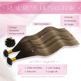 Moresoo Ombre Brown U Tip Human Hair Extensions Balayage Keratin Hair Extensions Brown Root to Chestnut Brown with Golden Blonde Pre Bonded Hair Extensions 20 Inch 50g/Pack #4/10/16