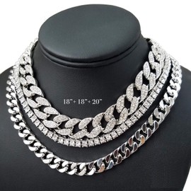 Mens Iced Out Hip Hop Silver tone CZ Miami Cuban Link Chain Choker Necklace (3 Chain Choker)