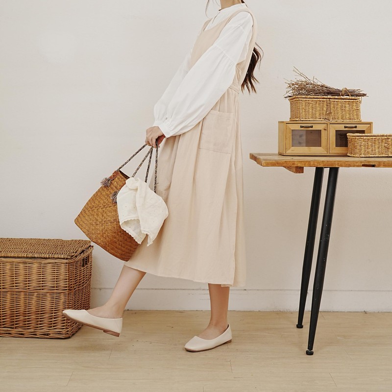 Solid Side Vent Apron Simple Cotton Large Pleated Tether Stain