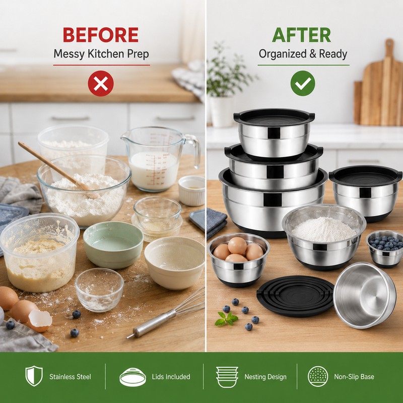 LMETJMA Stainless Steel Mixing Bowls Set of 5 - Durable