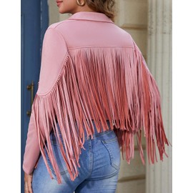 Womens Casual Faux Leather Jacket Fringe Tops Tassel Suede Cropped Coats Motorcycle Jacket Cow Girls Outfits Country Concert Western Coats Cowgirl Pink L