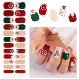 EBANKU Christmas Semi Cured Gel Nail Strips, 24PCS Christmas Santa Star Gel Nail Wraps Stickers Long Lasting Nail Polish Strips with Nail File, Nail Stick for DIY Nail Art Decals (Red and Green)