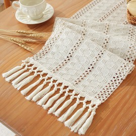 Boho Table Runner, Farmhouse Table Runners 36 Inches Long, Cotton Linen Rustic Table Runner, Macrame Table Decoration for Holiday Party, Wedding and Dining, 36 Inches, Ivory