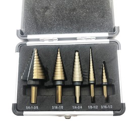HSS 5PCS Titanium Coated Step Drill Bit Set W Automatic Center Punch High Speed Steels 50 Total Step Sizes High Speed Multiple Hole Stepped Up Steel Bits Spiral Grooved for Metal, Wood & Plastic