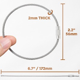 BlueCosto Wire Keychain Cable (50 PK, 6.7” / 17cm) - 2mm Thick Stainless Steel Keyring Wire Loops w/Secure Screw Lock for Hanging Luggage Tags & Organizing Keys