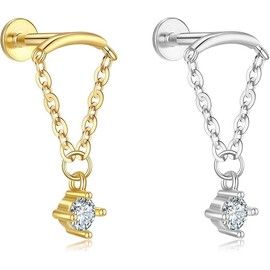 Gold Helix Earrings for Women Flat Back Earrings Hidden Helix Earring Dangle Drop Tassel Chain Earring 2Pcs Cartilage Studs Silver Cubic Zirconia Sparkling Opal Jewelry (Gold and Silver, One size)