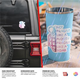 United by Color Not Fragile Like A Flower Fragile Like A Bomb (2 Pack) – Waterproof, Fade Resistant Funny Women Stickers – Perfect for Car, Bumper, Water Bottles, Laptop