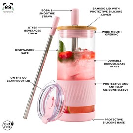 Pandaloo Glass Cups With Lids and Straws -20 Fl Oz- Perfect Size Iced Coffee Cup - Smoothie Cup With Bamboo Lid and On the go Lid - Glass Tumbler With Straw (1 Count (Pack of 1), Tender Pink)