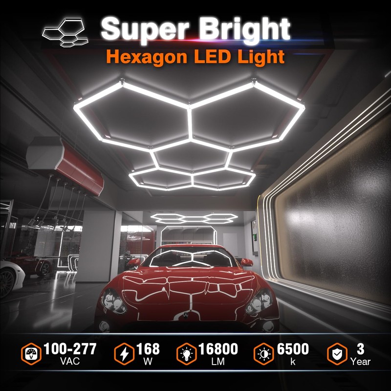 Litezone Hexagon Garage Lights : 3 Level Dimmable 168W Tube