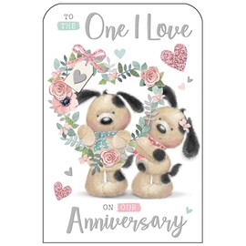Jonny Javelin One I Love Anniversary Card - Fudge Dogs and Floral Wreath Embossed with Foil and Flitter Details