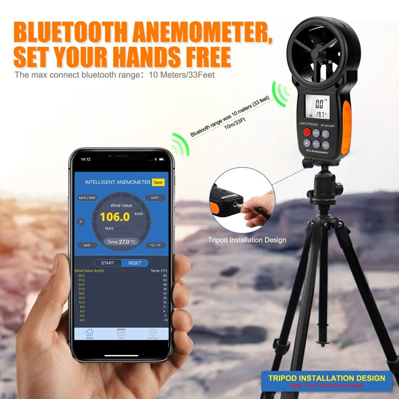 Handheld Anemometer Wireless Bluetooth Anemometer, AP-007APP Wind Speed Meter Measure