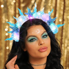 Handcess Light up Starfish Crown Headband Blue LED Shell Hair Band Glowing Mermaid Costume Hair Hoop Luminous Rave Hair Accessories for Women