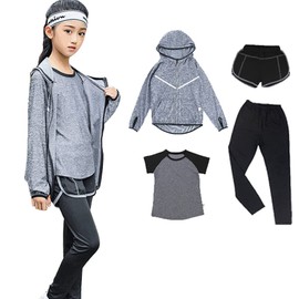 HYJEAL Kids' Sportswear, Girls, Yoga Wear, Training Wear, Running Wear, Top and Bottom 4/5 Piece Set, Fitness Jersey, Stretchy, Breathable, Sweat Absorbent, Quick Drying, Long Tights, Hoodie, Short