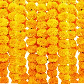 Phool Mala Plastic Artificial Flowers Marigold Garlands for Decoration (Yellow) - Pack of 5
