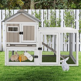 Ketive 48" L Rabbit Hutch Outdoor Indoor Bunny Hutch Weatherproof, 2-Story Wood Rabbit Cage with Deep Tray, Chew-Resistant Ramp, UV Roof, Bunny House for Small Animal, Expandable Guinea Pig Cage