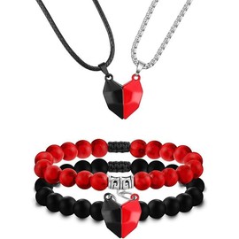 4Pcs Couples Bracelets Necklace Set for Women Men Matching Bracelets Necklace Couples Heart Necklace Bead Bracelet for Valentine's Day Natural Stone Bead Couple Jewelry - Color: Red
