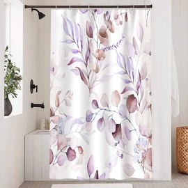 Uiiooazy Eucalyptus Shower Curtain, Violet Leaves Plants, Textile Shower Curtain, Anti-Mould, Waterproof, Polyester Fabric, Washable, Opaque, Bathroom Curtain with Hooks, 120 x 200 cm