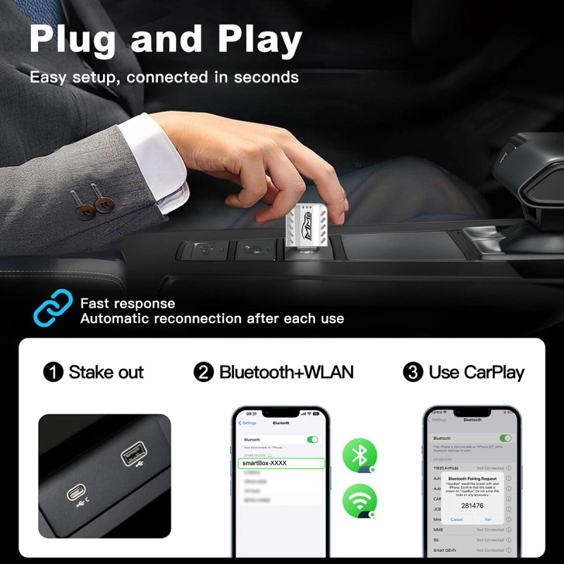 MMB Wireless Carplay Smart Ai Box, Wired to Wireless Adapter