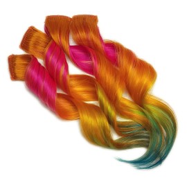 Clip in Human Hair Extensions Sunset Colored Hair Orange Pink and Rainbow Ombre Colormelt (14 inch)