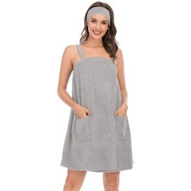 Womens Bath Wrap Towels for Women with Straps Pocket Spa Towel Bathrobe & Facial Headband Gray XL