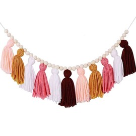 Hallwayee Rainbow Macrame Wall Decor, Wooden Beads Tassel Wall Hanging, Tassels Garland, Boho Nursery Garlands, Baby Shower Decor (White Camo 100cm)