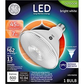 GE Lighting 38460 LED Flood Light Bulb, Bright White, Clear, Par38, 500 Lumens, 7-Watts - Quantity 1