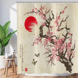 ASDCXZ Cherry Blossom Shower Curtain 180 x 180 cm, Asia Japanese Style Rose Cherry Blossom Sun Butterfly Washable Bathroom Shower Curtains Polyester Textile Waterproof Shower Curtain for Bath with 12