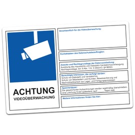 Achtung Videoüberwachung DSGVO BDSG Data Protection Info Blue Video Surveillance Sticker Notice Sign Theft R069 (To Fill Yourself, 30 x 20 cm)