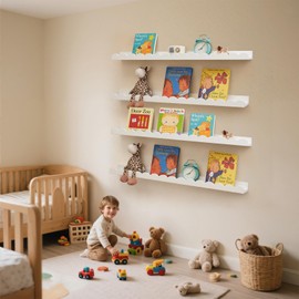 Conamily Nursery Book Shelves, Scalloped Floating Shelves Set of 2 Solid Pine Wood Wall Mounted Bookshelf with Wave Lip for Bedroom Kids, Toddler Room, Baby Room White 36inch