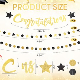 Suncalla 6 Pcs Glitter Congratulations Banner 2025 Party Graduation Decorations Five-pointed Star Circle Glitter Congrats Banner for 2025 College High School Grad Party Supplies(Black, Gold)